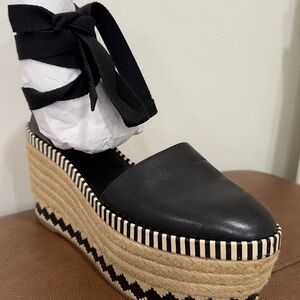 Tory Burch dandy ankle wrap,  black leather espadrille Platform shoes wedge